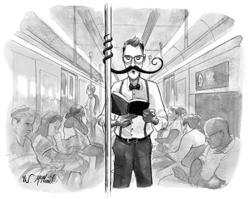 Homme qui se tient à la barre du métro par le biais de sa moustache