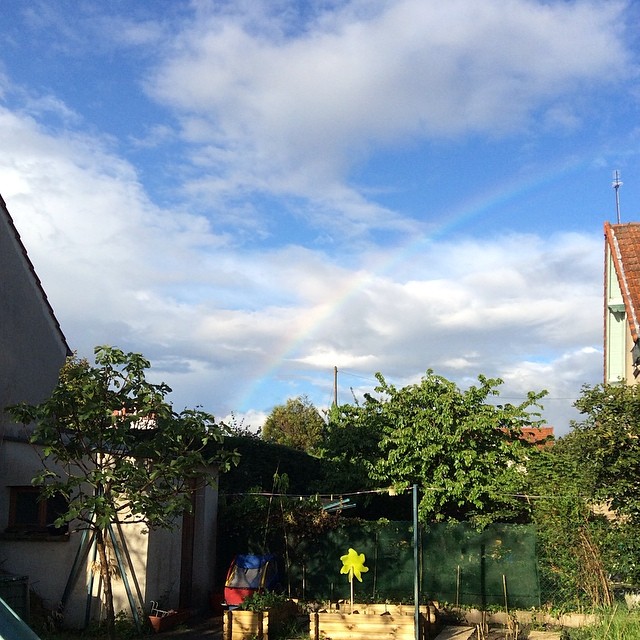 Ciel bleu avec des nuages, un arc-en-ciel, des arbres