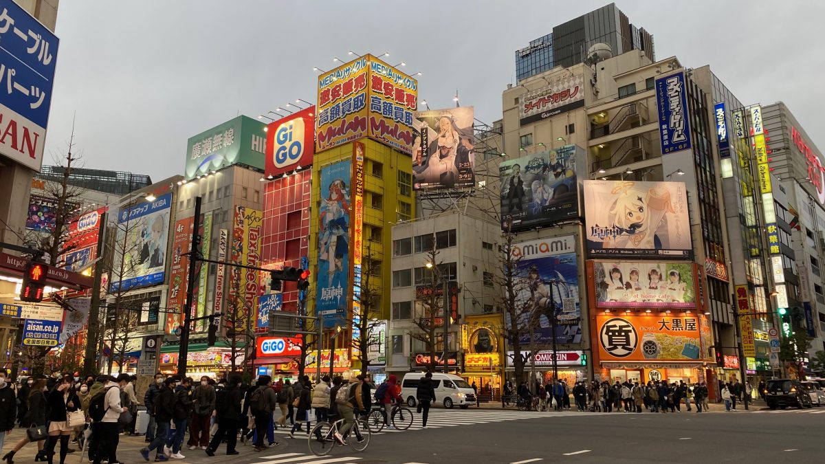 Quartier d'Akibara - Prise de vue d'un carrefour routier, avec des facades d'immeubles remplies de panneaux publicitaires écrits en caractères japonais, certains illuminés, d'autres pas. Il y a du monde aux abords de la route entre chaque passage piéton, les gens attendent pour traverser.
