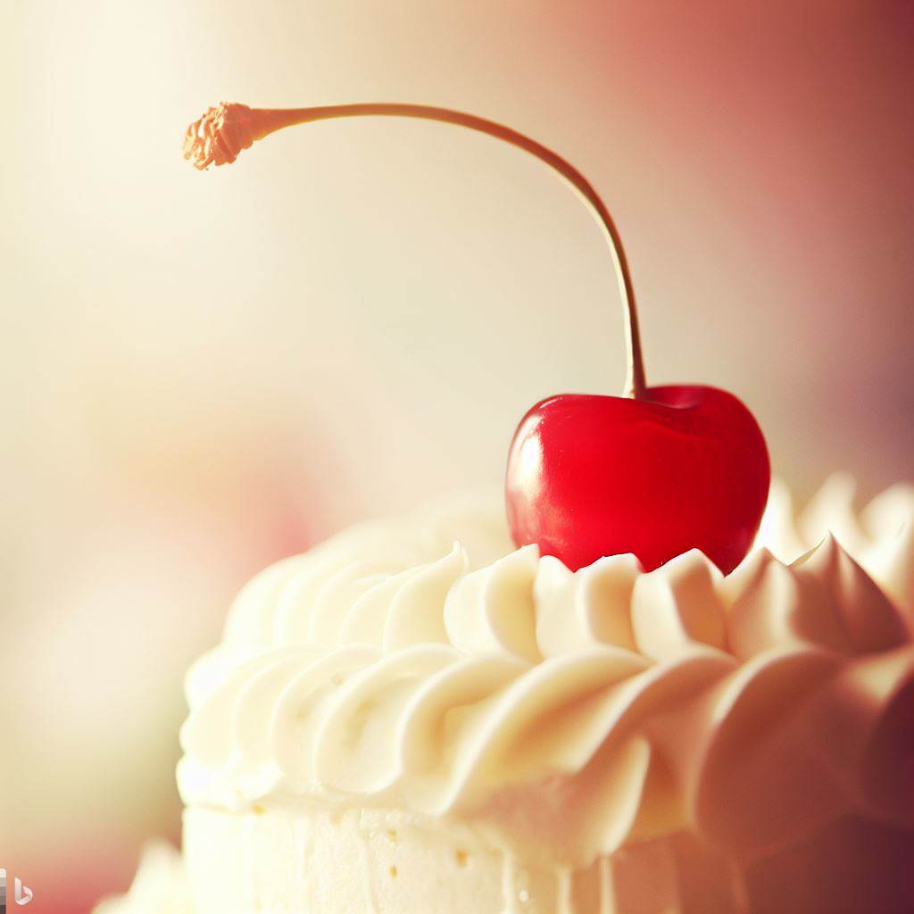 Gros plan sur une cerise rouge posée sur un gâteau à la crème.
